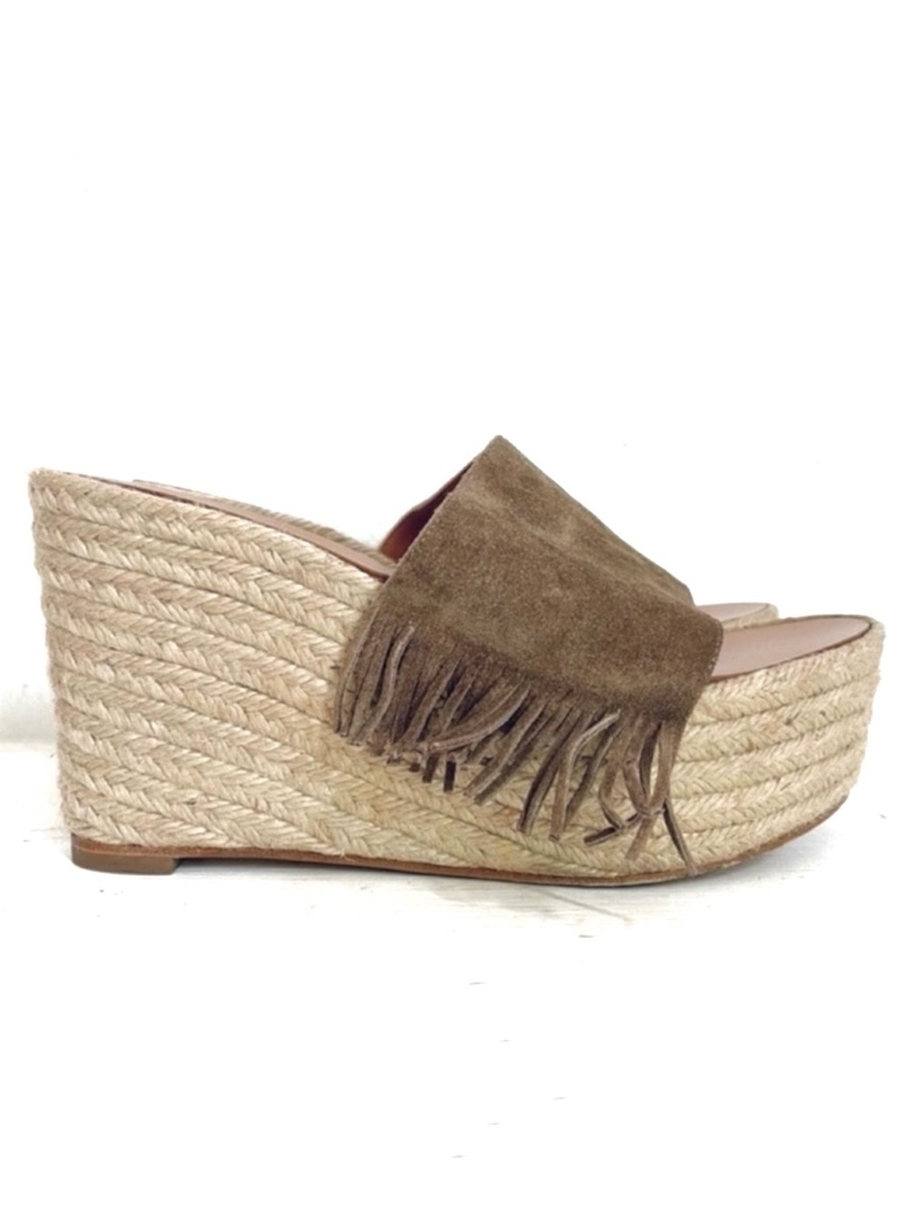 Chloé Estel Platform Wedge Sandal With Jute Wrap And Suede Fringe In Tan Size 40